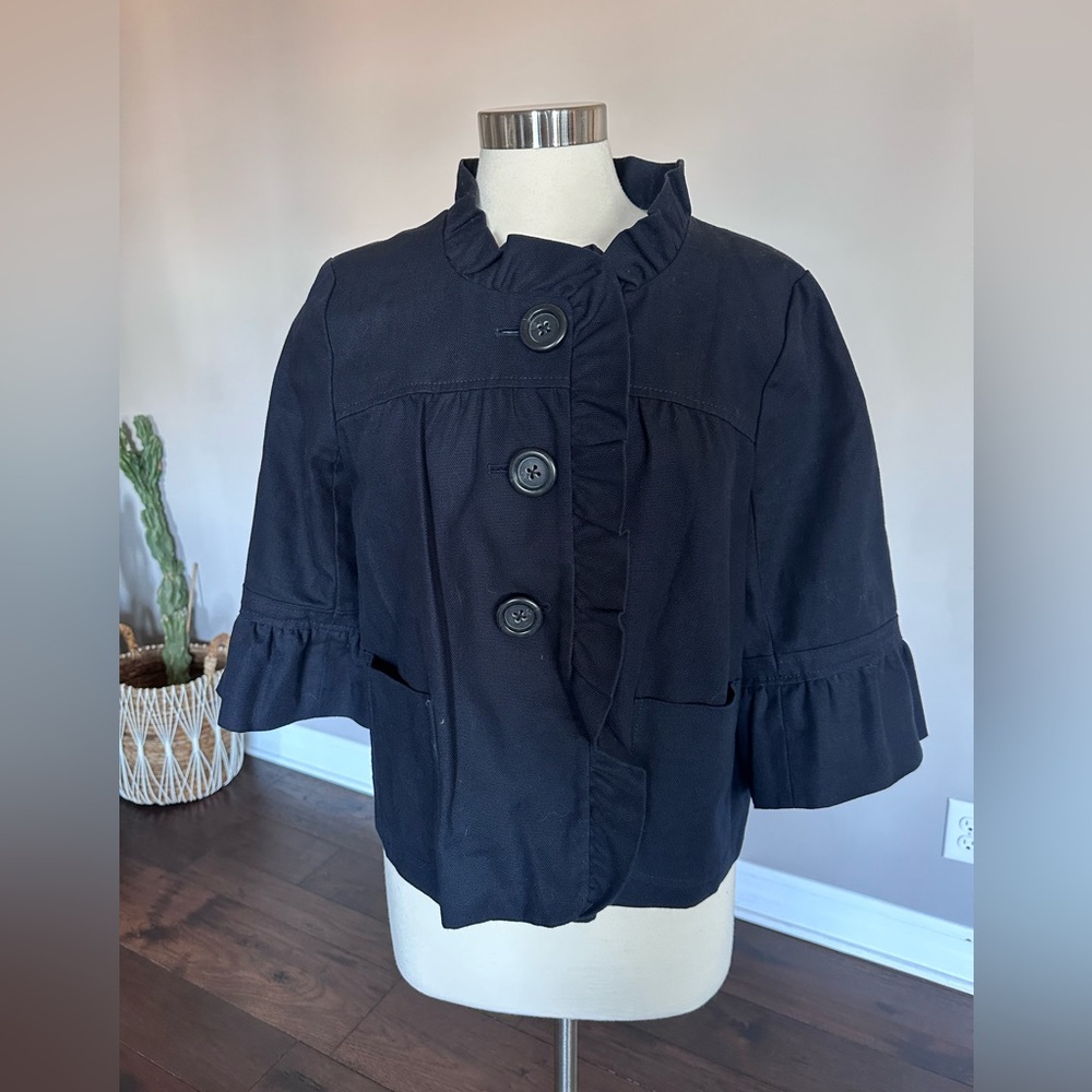 J. Crew Coat Blazer Ruffle Feminine 100% Cotton Canvas Y2K 60s Black Size 12